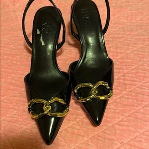 INC International Concepts Black Heels with Gold Chain Detail